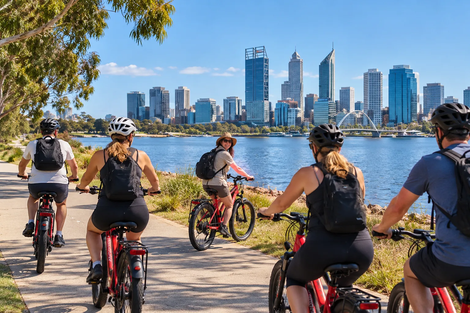 Riders on a guided e-bike tour beside the Swan River with the Perth skyline behind